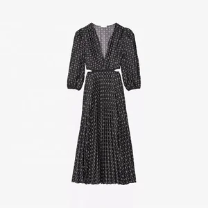 Clothing Manufacturer Custom Spring Autumn Black v Neck Short Sleeve Print Elegant Casual Women Midi Dress