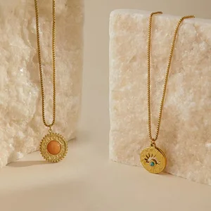 Trendy Bohemia Women's 18K Gold Plated Stainless Steel Necklace Turquoise Sun Eye Pendant Natural Stone Waterproof Box Chain