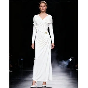 Factory Wholesale Designer Fashion Long Dress Women Autumn Winter V-Neck Long Sleeve Draped Bandage Socialite Parties Office