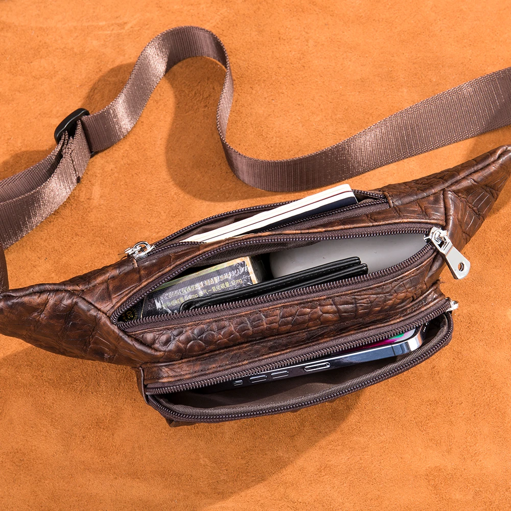 MARRANT-riñonera de piel auténtica con estampado de cocodrilo para hombre,  Cangurera con cinturón para la cadera, bolso cruzado de cuero