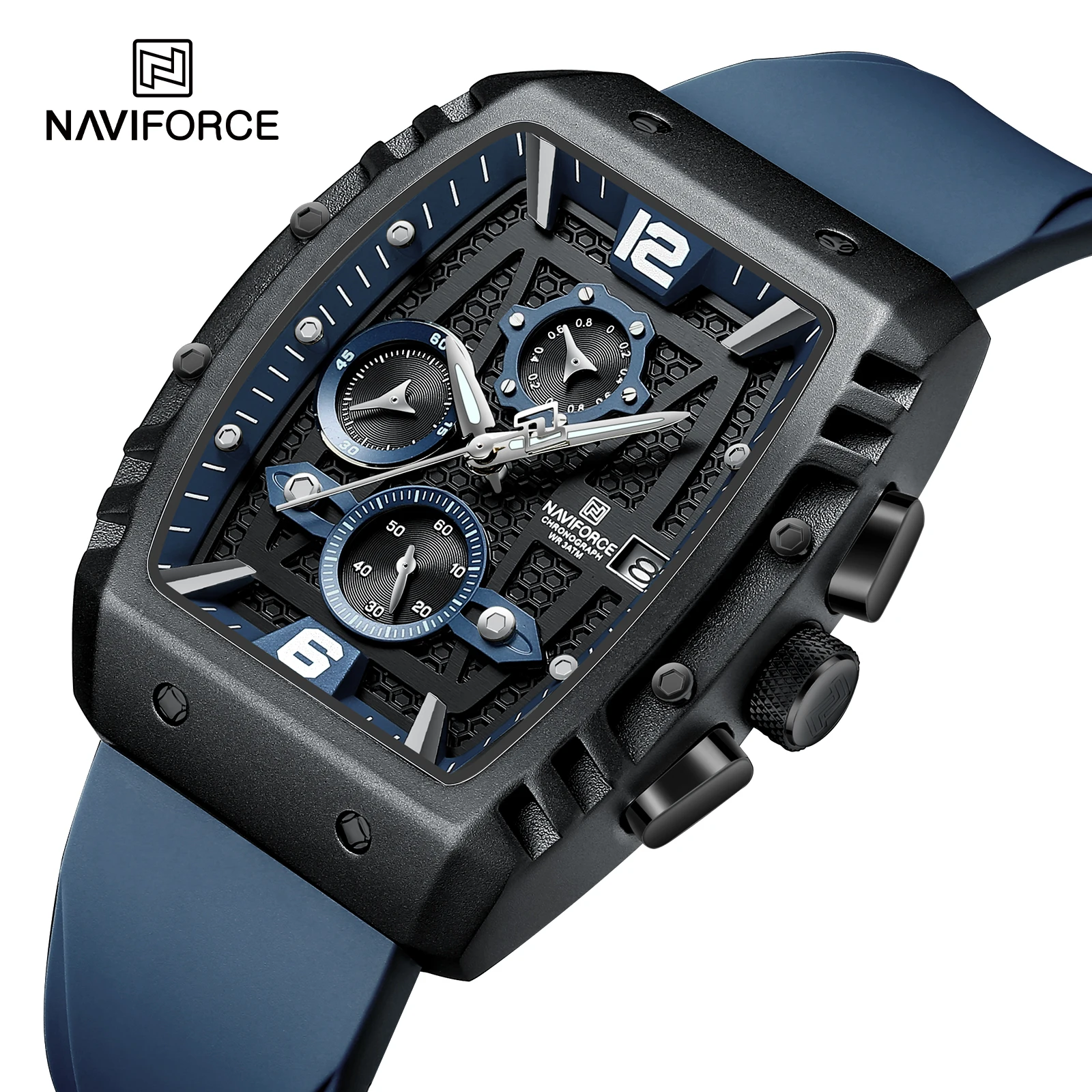 Orologio Uomo NAVIFORCE Quadrato - Cronografo, Quarzo, Calendario, Cinturino In Silicone, Impermeabile 30m, Luminoso
