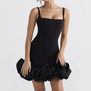 Best Sell Sleeveless Flower Bottom Square Neck Poly Spandex Women Bodycon Sexy Elegant Short Dresses