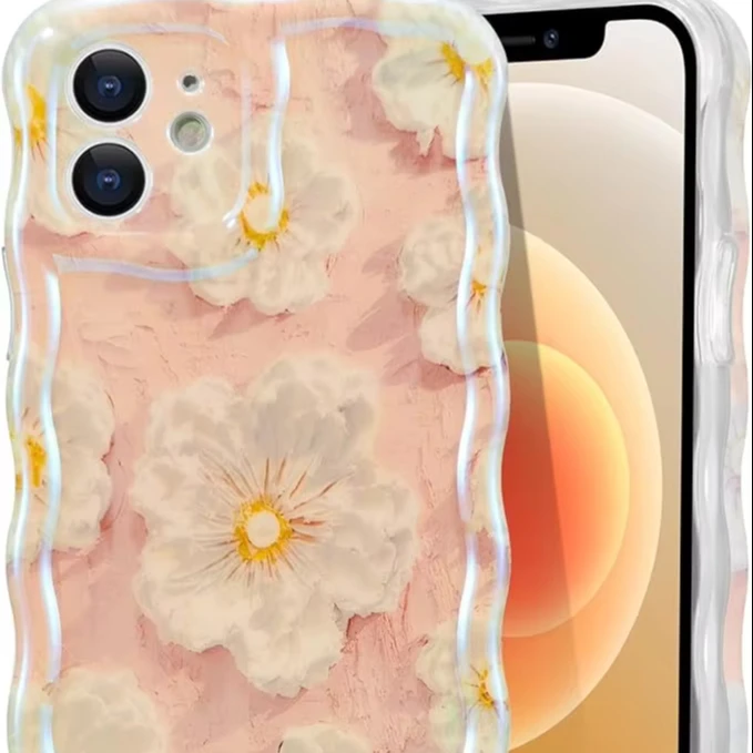 Colorful Retro Oil Painting Printed Flower for Iphone 15 14 13 Laser Beam Glossy Pattern Cute Curly Waves Border