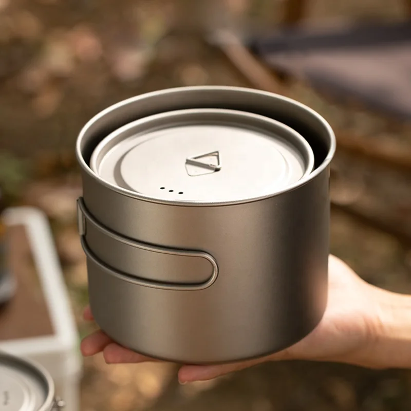 Ultralichte Titanium Kookset Outdoor Camping Kookgerei Set 1100 Ml Pot En 350 Ml Koekenpan Met Inklapbare Handgrepen