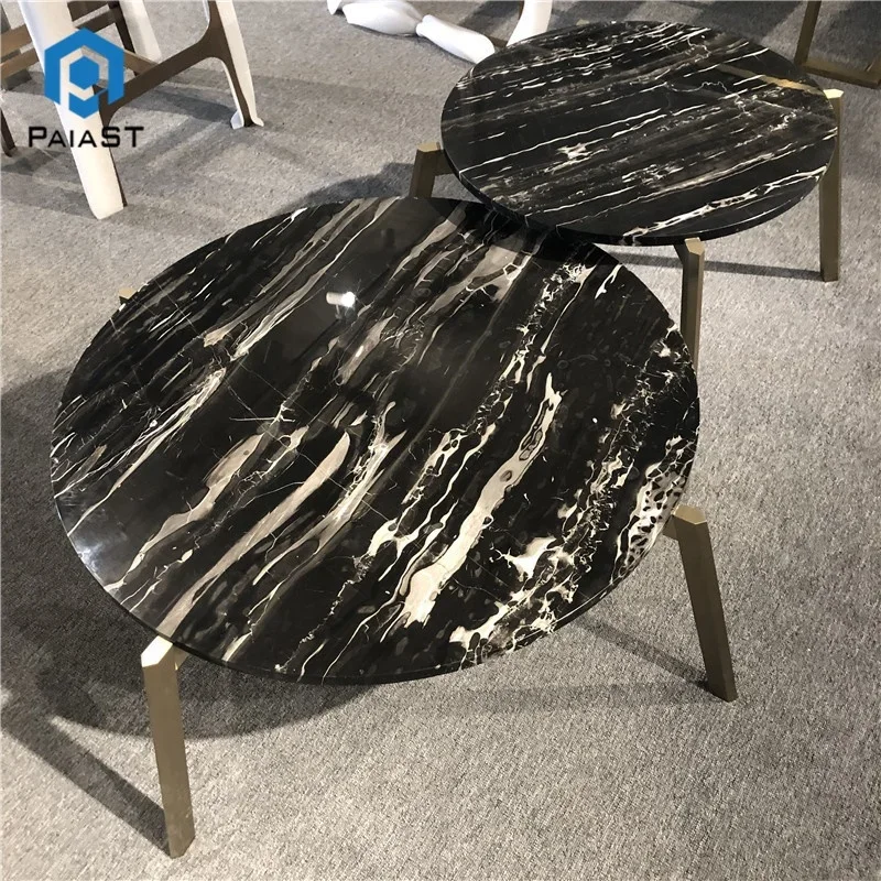 product natural white and black marble modern design  metal base round home coffee table round nature stone interior  table-1