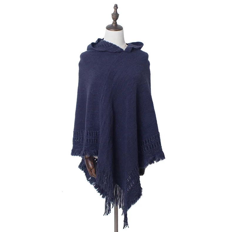 oversized fashion knit tassels cloak capes phocho sweater  scarf Knitted hooded cape shawl