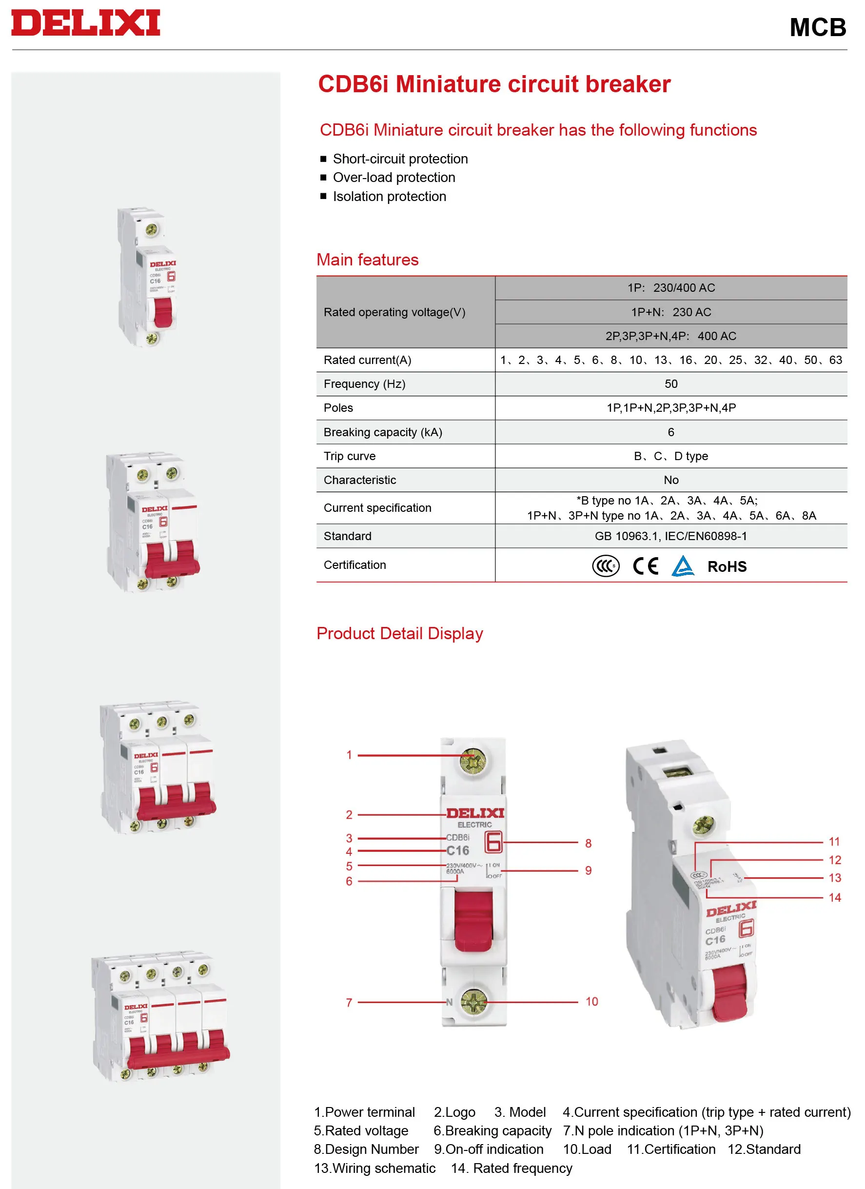 Delixi original CDB6i MCB 1P 2P 3P 4P 6A 10A 16A 20A 25A 32A 40A 50A 63A C6 C10 C16 C20 C25 C32 C40 C50 C63 Mini Circuit Breaker