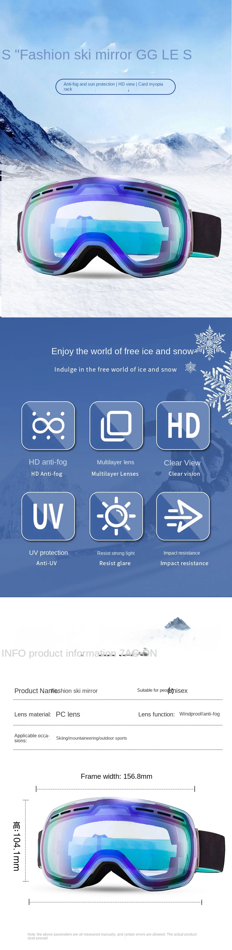 Unisex Large Spherical Ski Goggles with Double Anti-Fog and Outdoor Windproof Protection