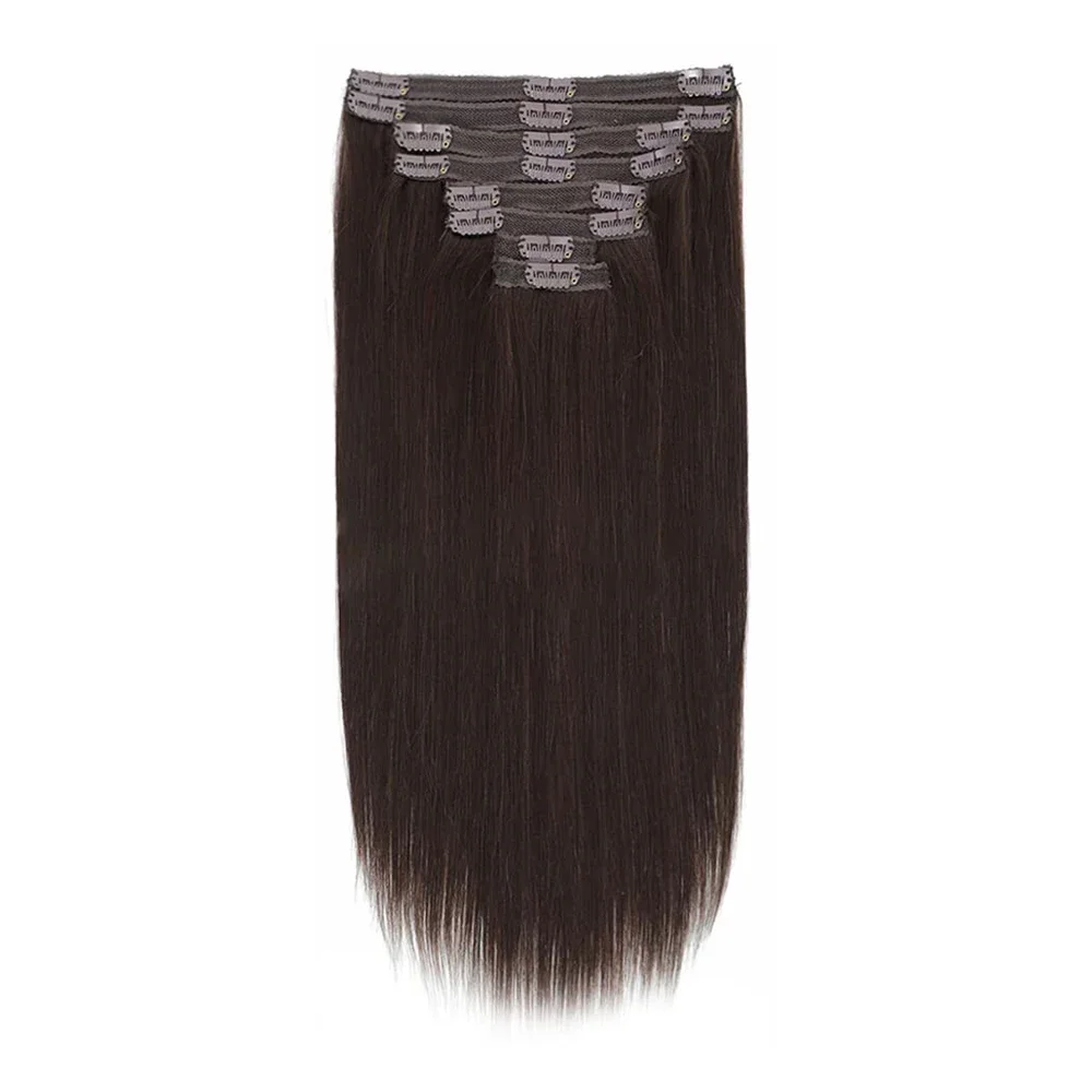Clip In Hair Extensions Dark Brown Real Human Hair Brazilian Virgin 8Pcs Remy Hair For Women_voghion.com