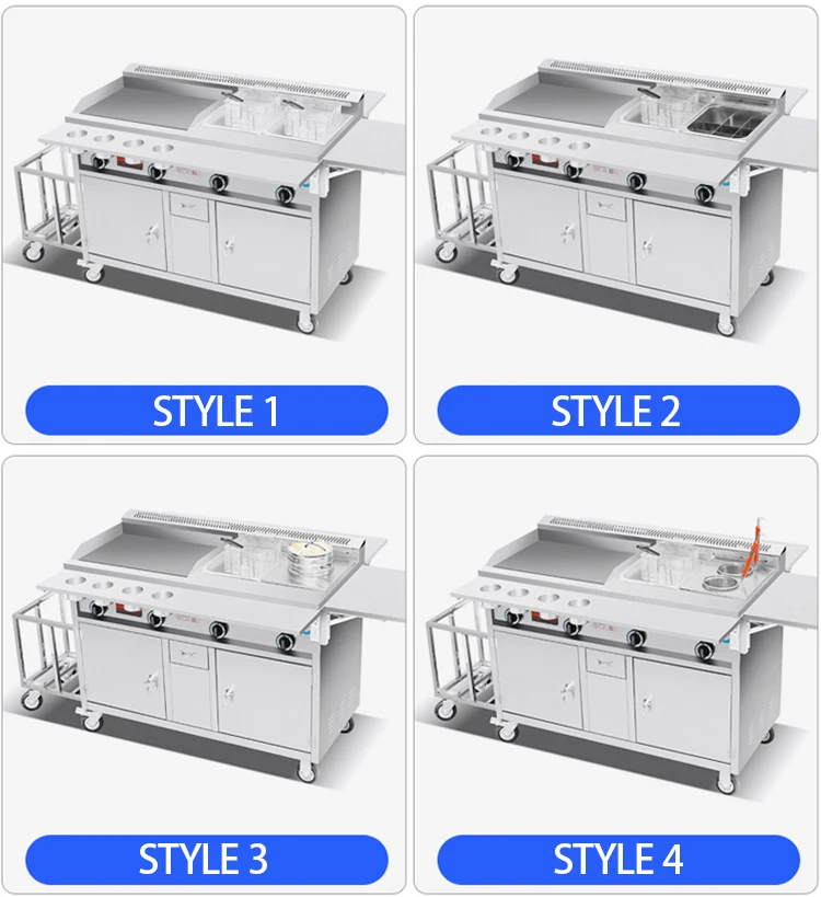 Convertible Hand Trucks Gas Mobile Snack Cart Food Trailer Mobile Stall Grill Plate Warmer Cart Outdoor Rolling Moving Food Cart