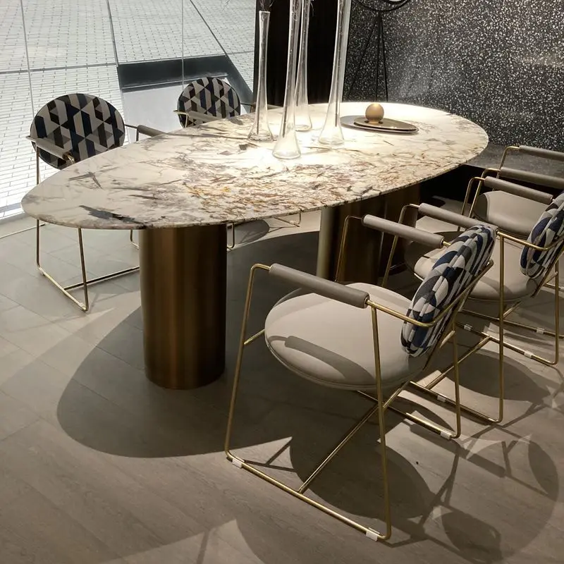 Italian BAXTER Modern Oval Marble Top Dining Table with Copper