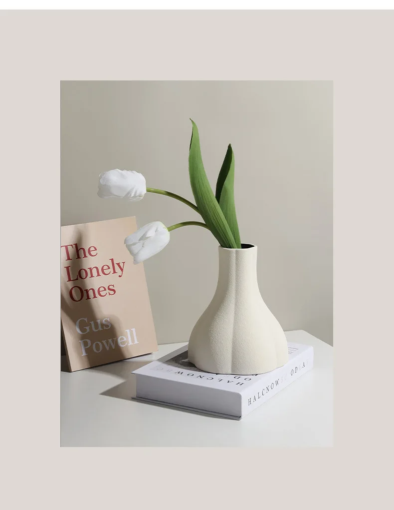 White Ceramic Vase with Textured Matte Finish Minimalist Modern Home Decor Living Room Flower Arrangement Tabletop Accent