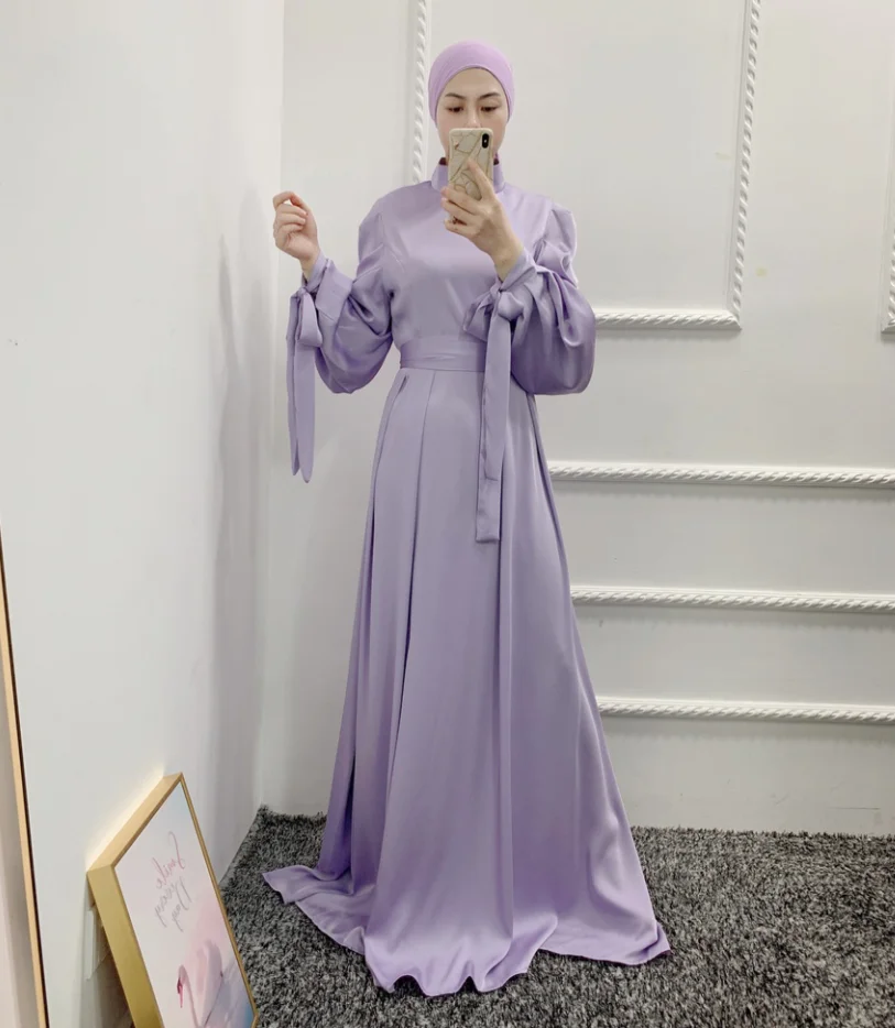 Popular Women Islamic Clothing Satin Muslim Party Dress Modest Abaya Women  Muslim Dress Elegant Muslim Prom Dress With Ribbon