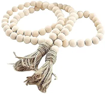 Wood Crafts 58 Inch Wood Bead Garland With Tassels Farmhouse Beads Wall Hanging Decoration