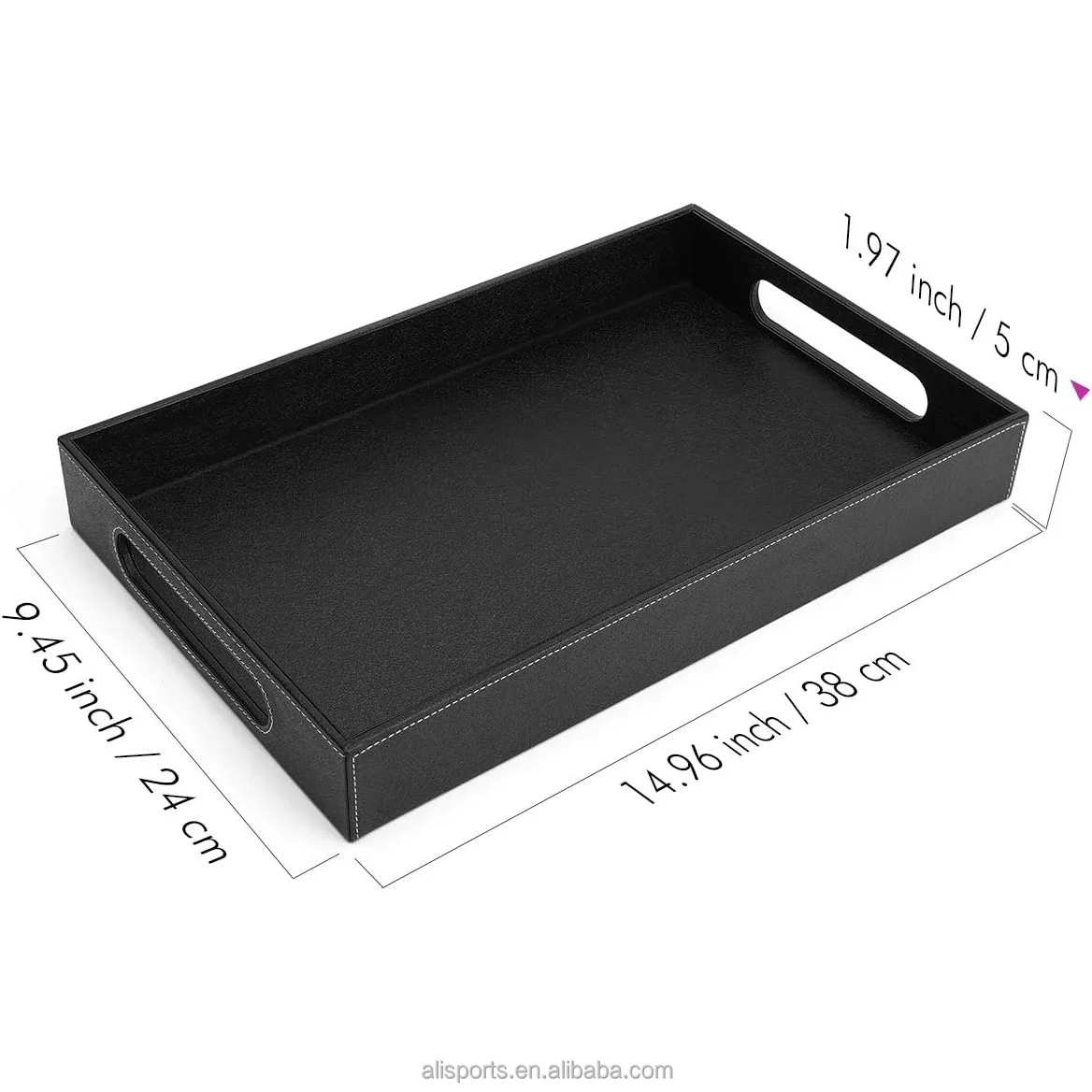 Custom Wide Handles Pu Leather Tray Black Leather Storage Tray ...