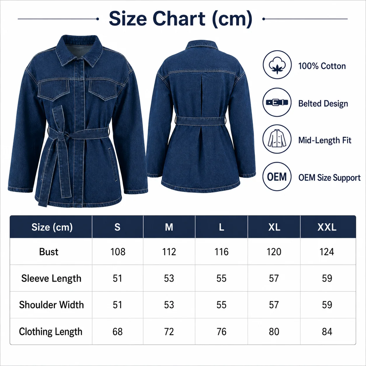 Decorative Topstitching Belted Flap Long-sleeved Collared Loose-fitting Anti-Wrinkle Casual Denim Shirt Jacket Suit