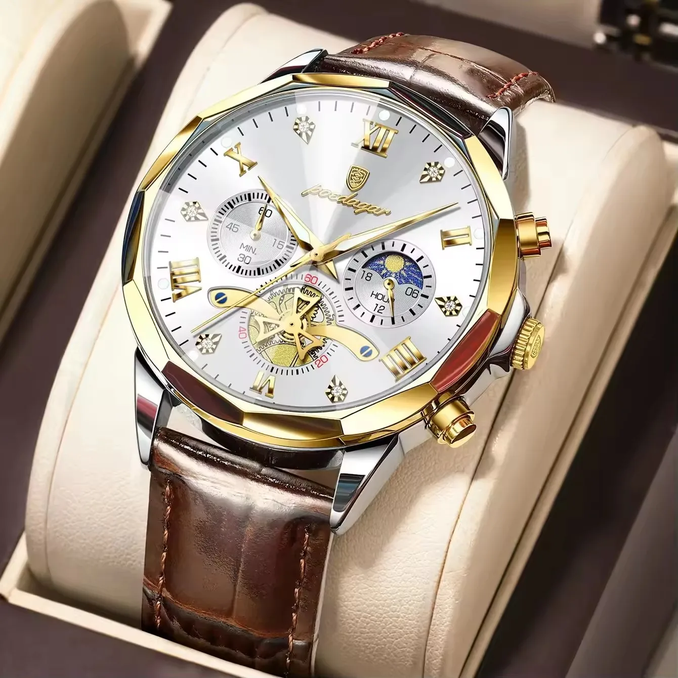 Poedagar 938 Wholesale Leather Strap Watch for Men Quartz Movement Waterproof Luminous C aperçu 8