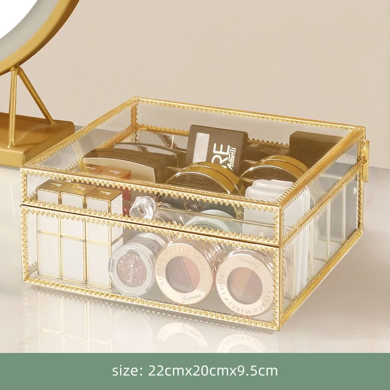 Cosmetics storage box transparent glass dustproof household desktop lipstick skin care products perfume shelf details