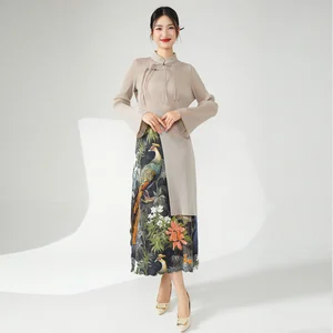 High Quality Printed Women's Pleated Skirt and Top Set Casual Style Fashionable New Chinese Two-Piece Set for Autumn