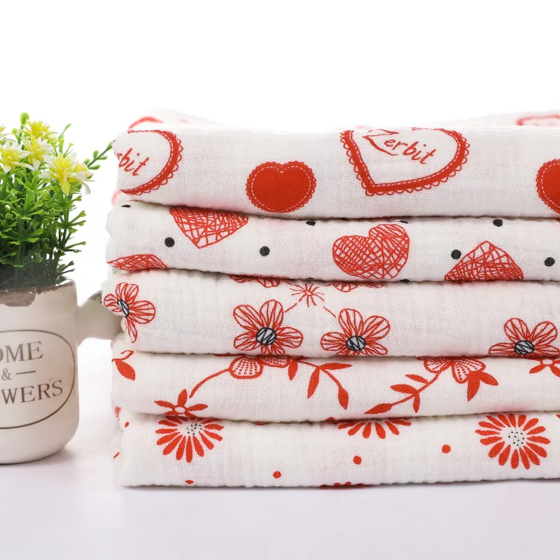 Белый красный хлопковый креп с принтом для самостоятельного шитья, детский спортивный костюм, одежда для сна, 50x135 см, дышащая ткань из чистого хлопка