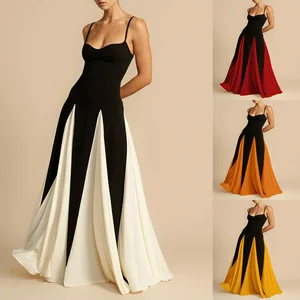 Elegant Trendy Solid Pattern Off-Shoulder Splicing Club Camisole Dress Plain Dyed Chiffon Floor-Length Evening Dress for Women