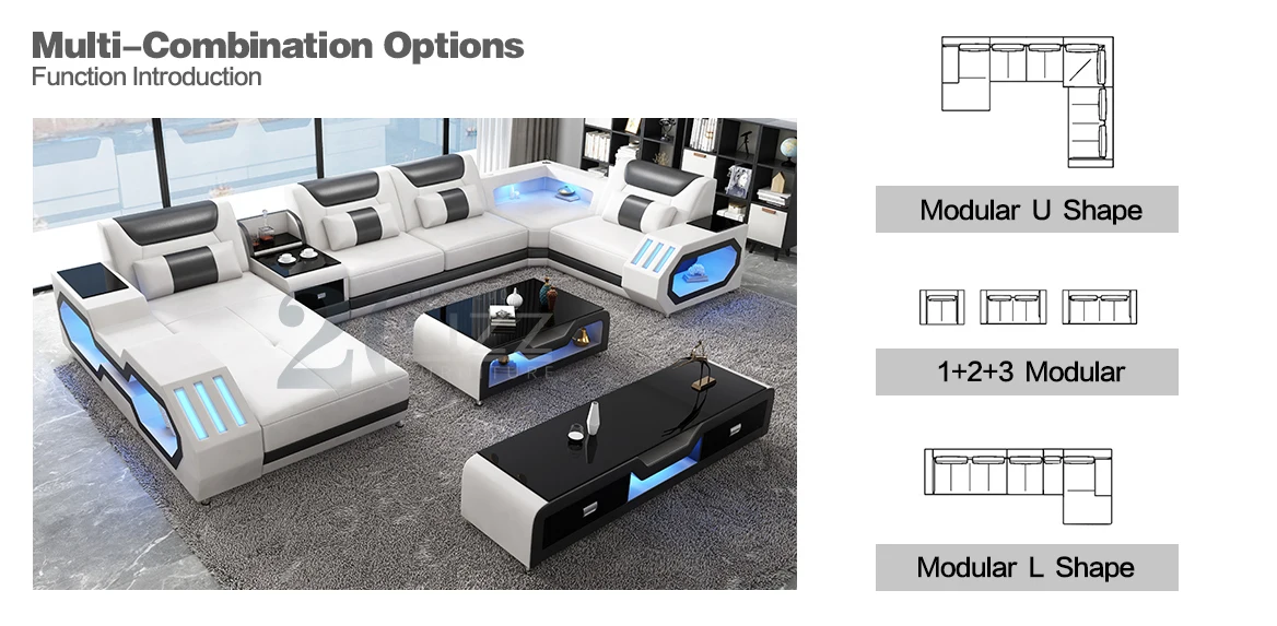 Modern Design Leather Couch Sectional Living Room Sofa Set with LED