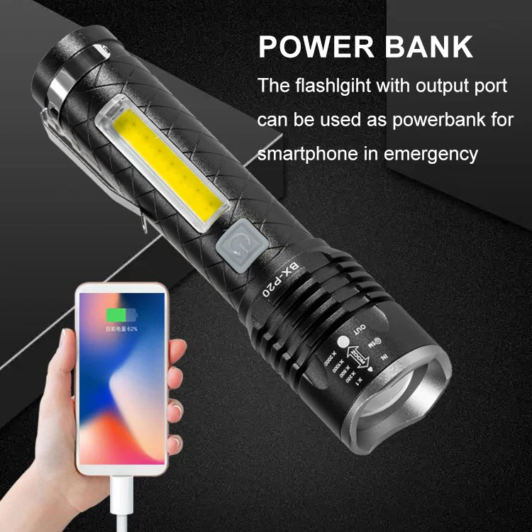 Super Bright LED Flashlight COB Side White Red Light 15W LED Rechargeable 3000 Lumens Outdoor Emergency 4 Modes Zoomable Torch