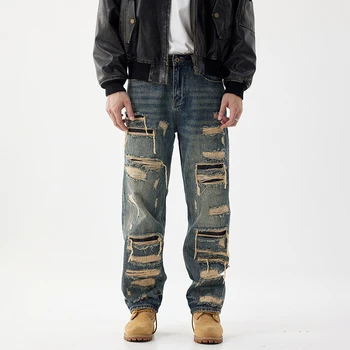 Heavy Craft Hole Jeans Men  Brand Loose Straight Pants Patched Street Gangster Handsome Retro Washed Pants