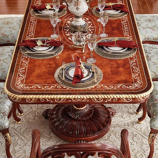Luxury European British Style Sea Shell Veneer Decorated Mahogany Wood and Gold Dining Set