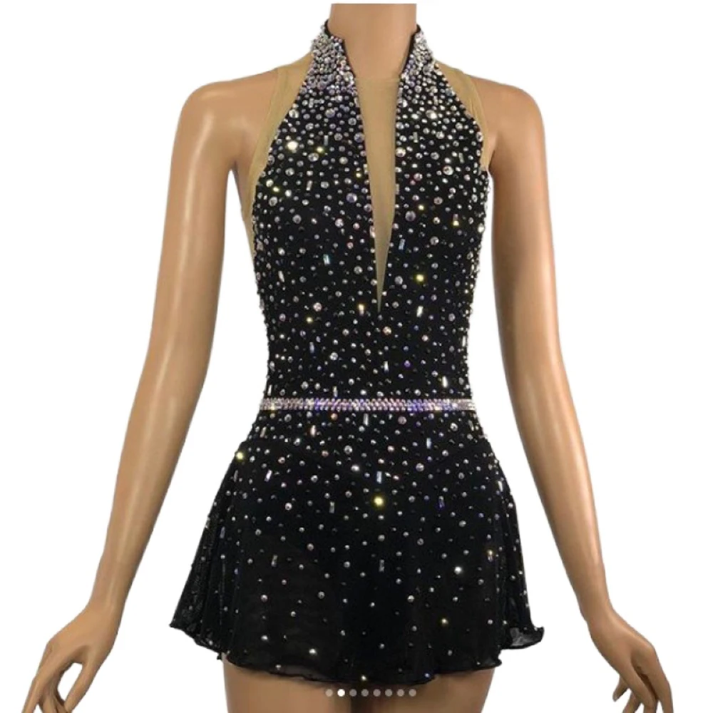 Robe Patinage Artistique Fille Et Femme - Justaucorps Gymnastique Avec Strass, Tenue Performance Noire