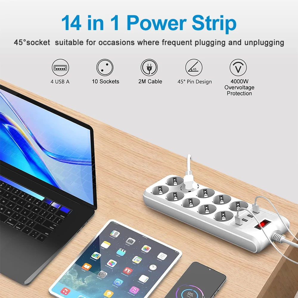 10 AC Sockets Electric Plug Multiplier 4 Usb Charging Ports Outlet Extender 6ft 8 White Power Extension Cord 10 ft Power Strip