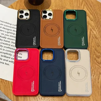 Trendy Leather Phone Case with Magnetic Plated Lens Skin Funda de Cuero for iPhone 15 promax