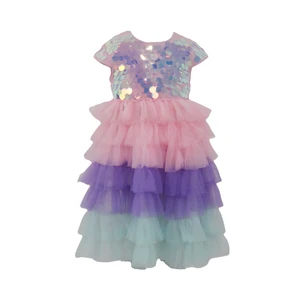 O-Neck Collar Girls Children Formal Evening Dress Princess Birthday Party Summer Lace Knee-Length Mesh Dress