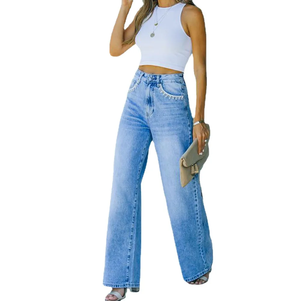 Pantalones Vaqueros De Mezclilla Para Mujer,Pantalón Informal,Holgado,Con  Bolsillos Y Pétalos Cruzados En Europa Y Estados Unidos,Amazon,2021 - Buy  Europea Y Americana Moda Ropa De Mujer,Pétalo Denim Bolsillo Pantalones,Temperamento  Casual Denim Lavado 