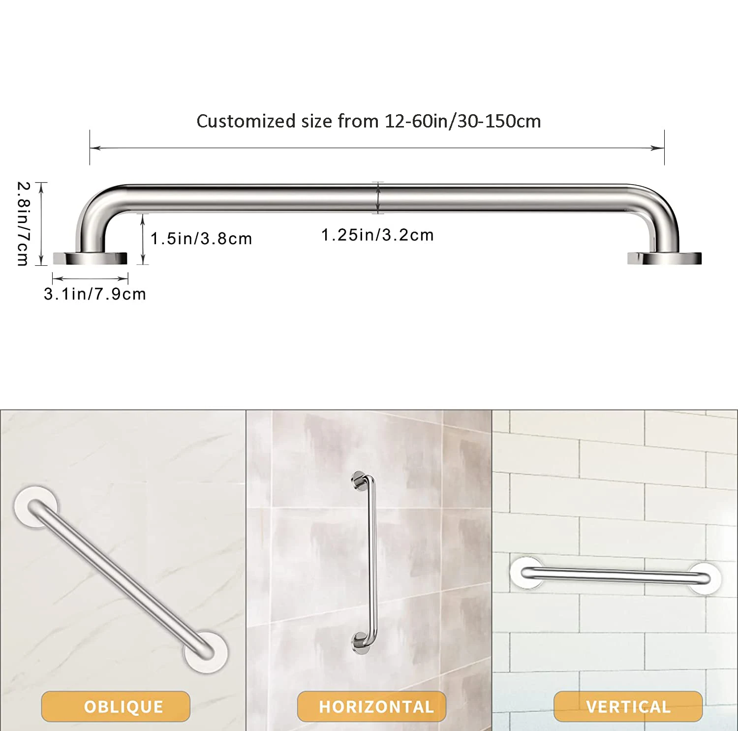 Custom Ada Safety Grab Bar Stainless Steel Handrail With Towel Rack Support 500lbs Disable Grab