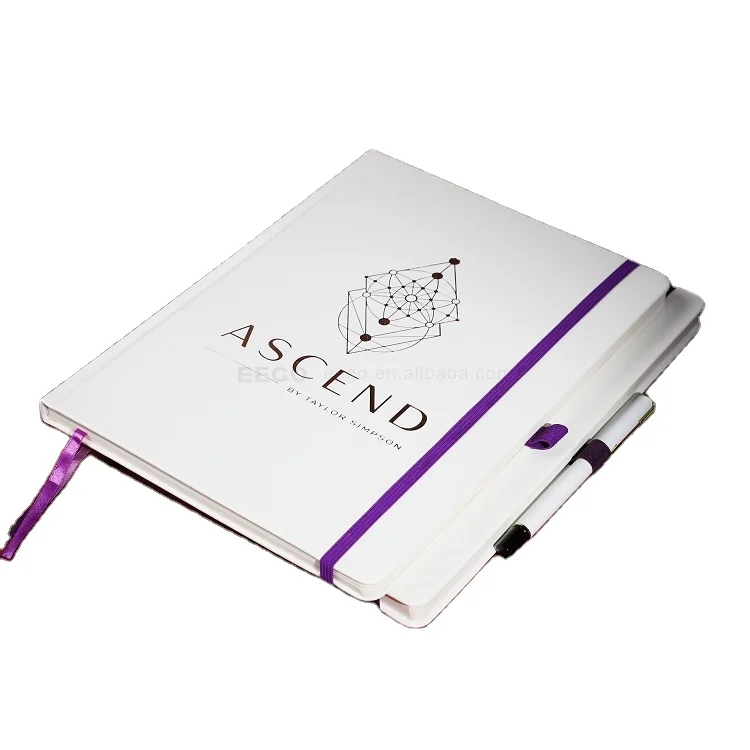 Custom A4 PU Leather Bound Journal 8x11 Note Books with Gold Logo Personalised White Notebook Elastic Band Pen Printed Style