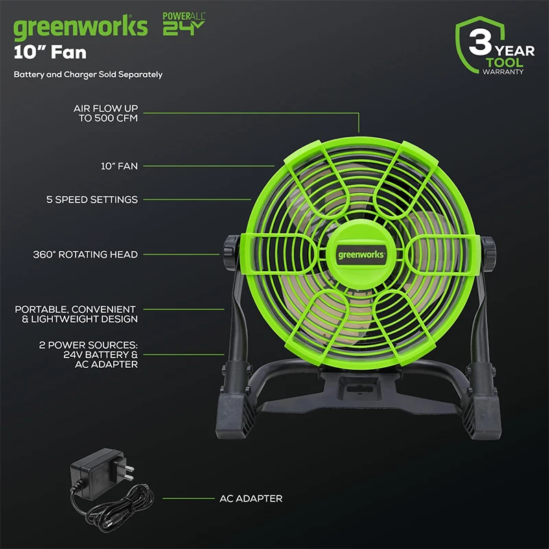 Greenworks 24V Ventilator 10" (5 Geschwindigkeiten) 500 CFM Hybrid 360° drehbar (AC/DC) mit Netzteil, 4-Ah-Akku und Schnellladegerät_voghion.com