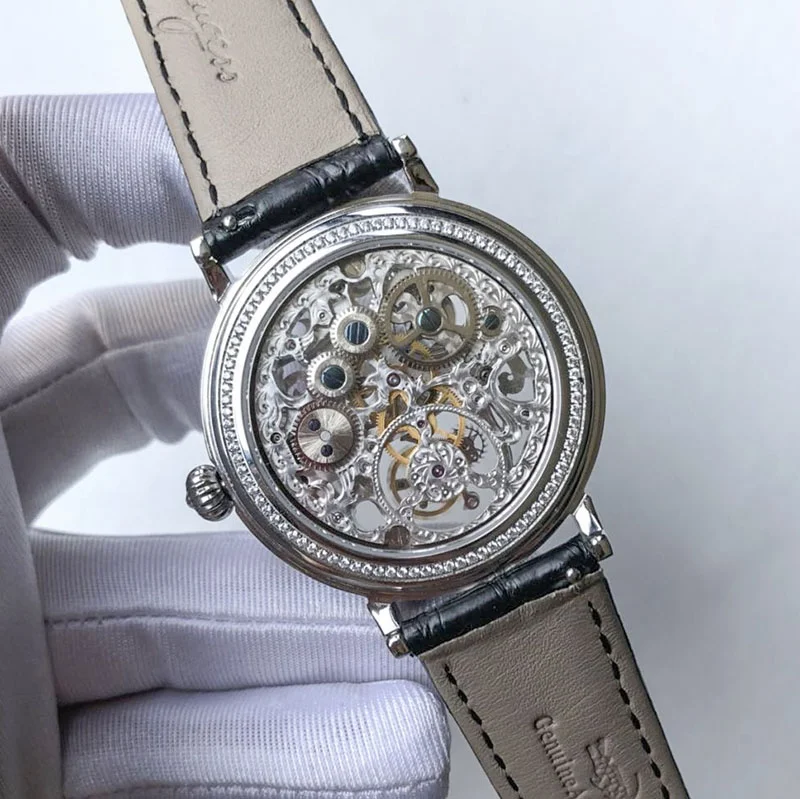 Free Ship Stock Luxury Carved Seagull 8000k Movement Skeleton Tourbillon Mechanical Diamond Sapphire Manual Winding Watch Man