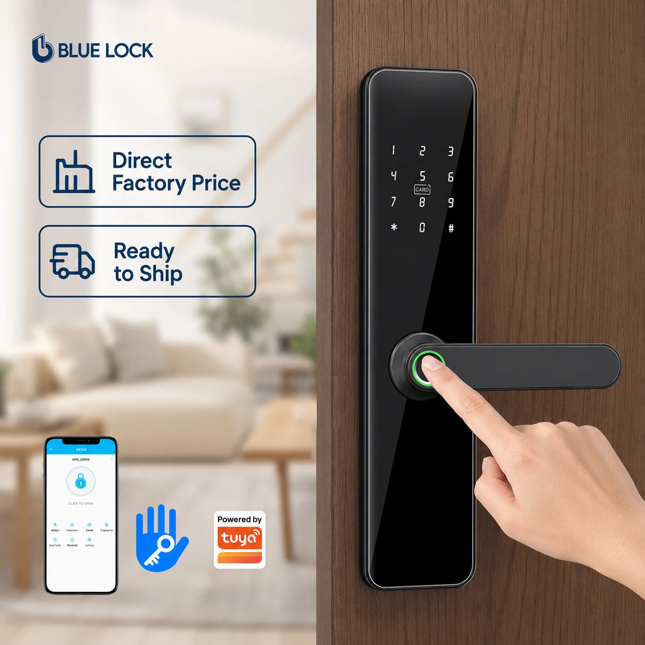 Bluelock TTlock Modern Wooden Door Handle Luxury Tuya Smart Door Lock Keyless Entry Fingerprint Lock Cylinder for Home Hotel