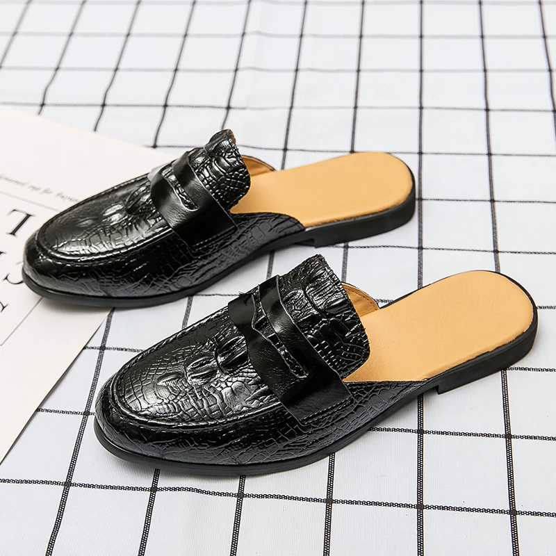 Pantuflas De Hombre Men Black Leather Sole Shoes Backless Low Heel Half  Loafers Crocodile Men Casual Shoes Mules