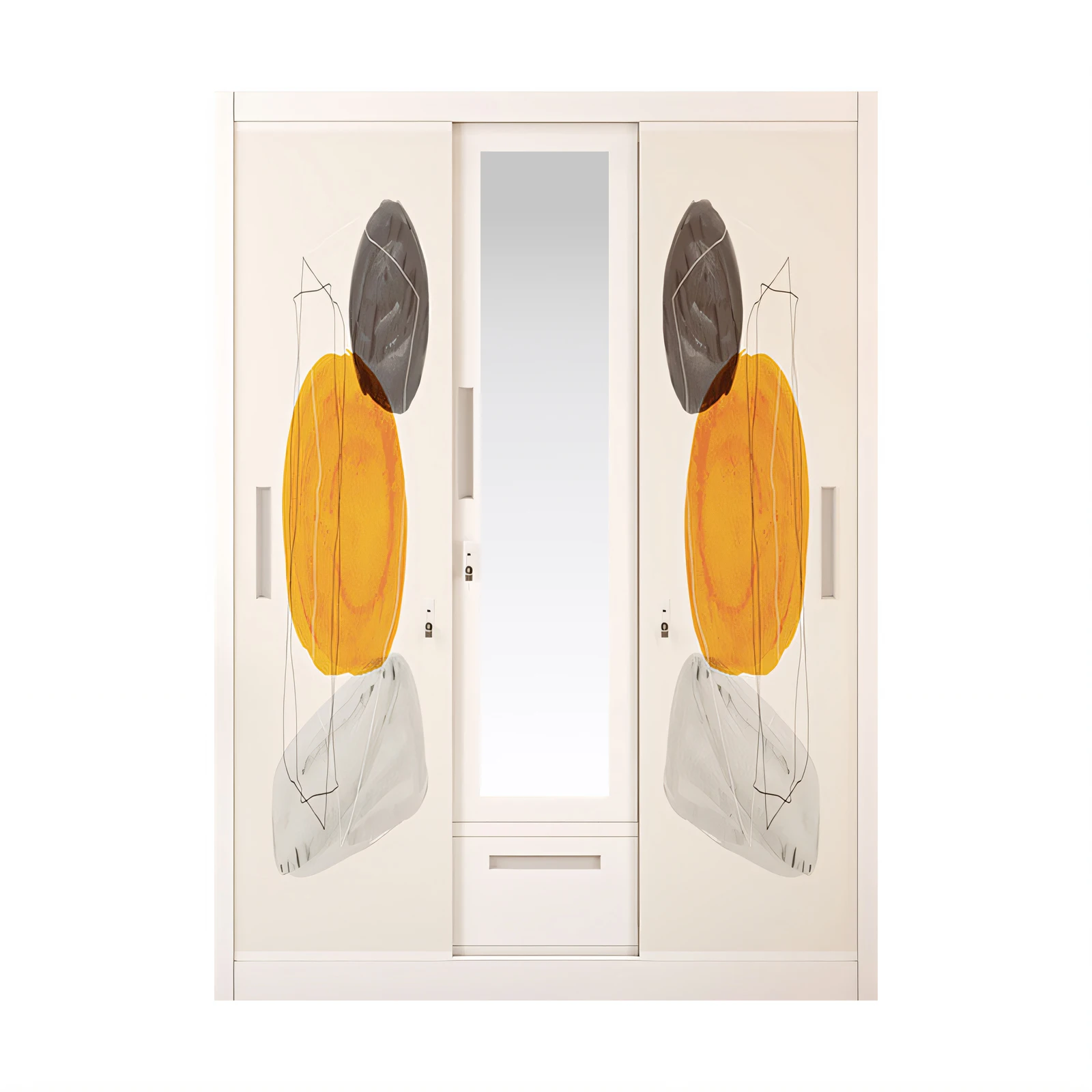 3 Door Mirror Drawer Steel Printed Wardrobe Armoire with Custom Pattern Sliding Door