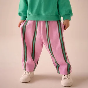 2026 Wholesale OEM Harem Trousers Striped Linen Kids Pink Pants Children Clothing Striped Pants