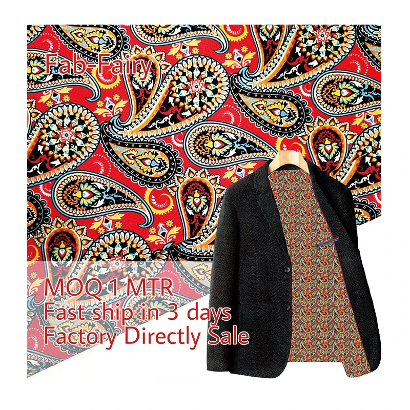 YH8-4043 Red Color Paisley Digital Printed Lining Fabric Polyester Soft  Satin Coat Interlining Fabrics