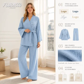 New Loose Long Sleeved Long Pants Pajamas Solid Color Robe Home Wear Breathable Elegant Cotton Casual Spring Summer QS1027I85