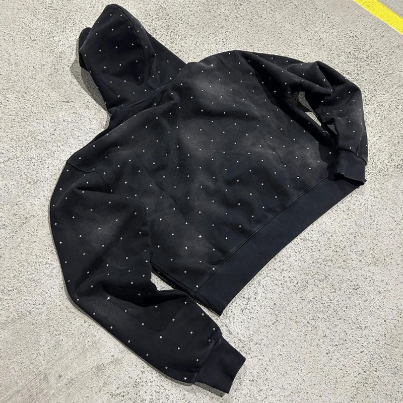 Custom Rhinestone No Strings Screen Print Logo French Terry Oversized Heavy Cotton Acid Washed Men Hoodies Vintage Sweatsuits