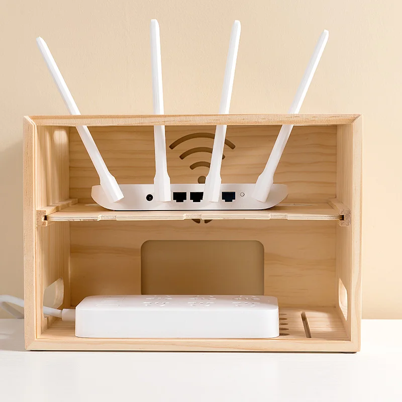 Solid Wood Wireless Router Storage Box Wifi Power Wire Storage Shelf Wood WiFi Box Hider Router Organizer