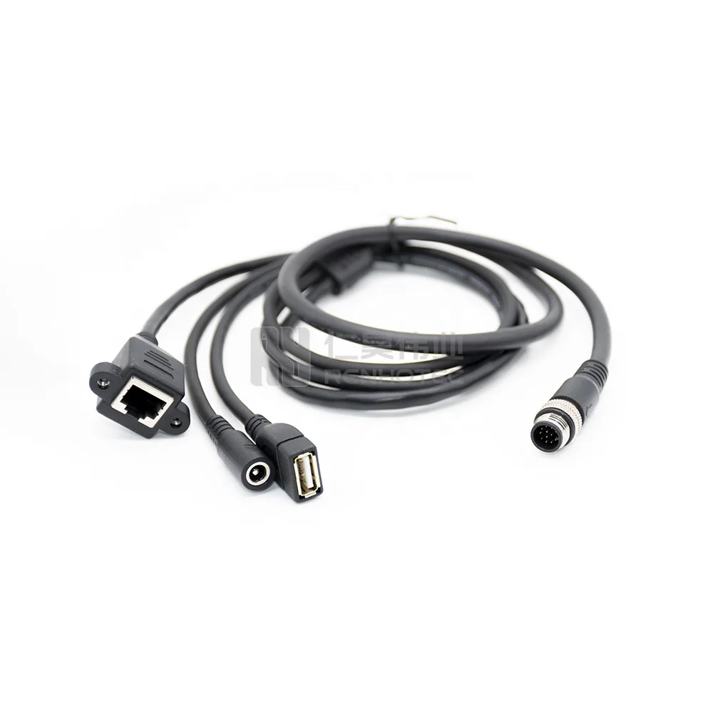 M12 12 Pin Cable to USB DC RJ45 Ethernet Connector Assembly Cable Customized