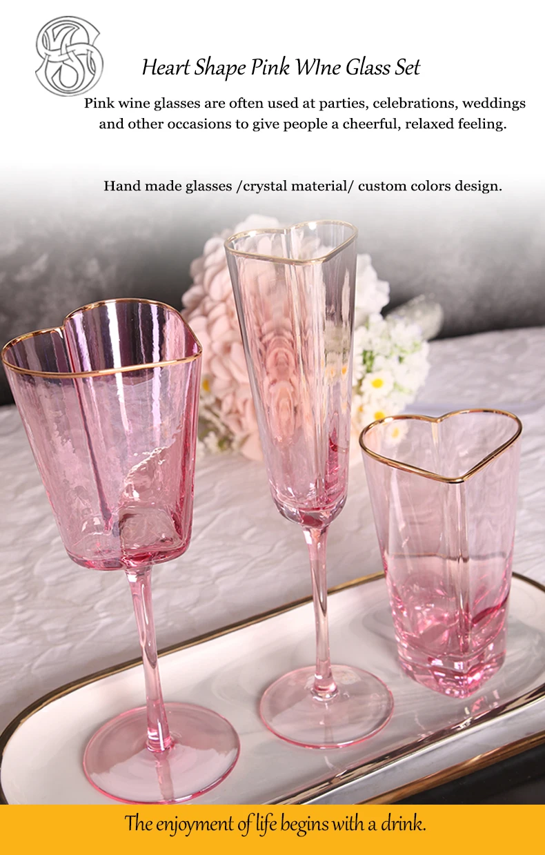 Pink Glassware Pink Color Heart Shaped Champagne Flute Crystal Wine