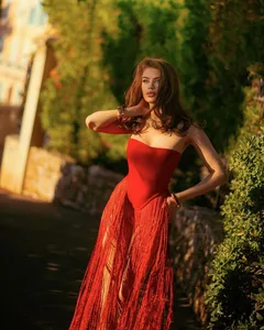 STOCK Strapless Zipper Back Women Dress Tassel Details Maxi Dress Party Evening Dress S-L