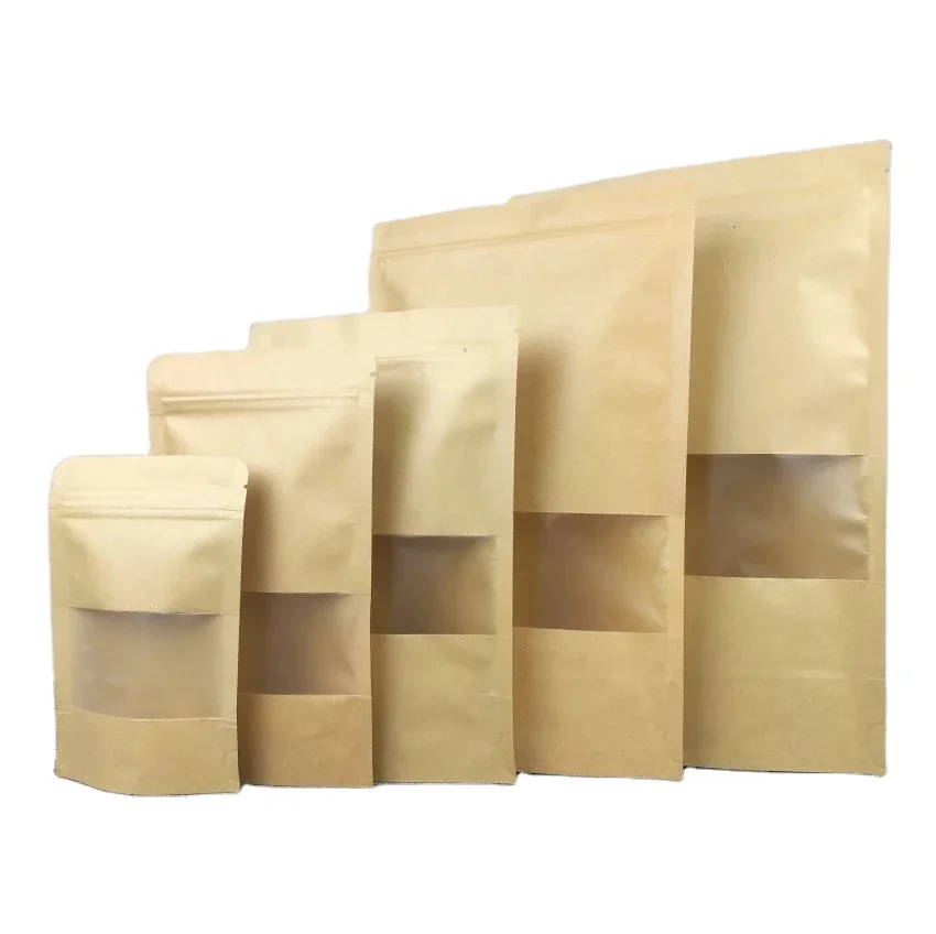 Resealable Custom Printed Packaging Coffee Tea Doypack Zipper Stand up Pouch Brown Kraft Paper Bags With Clear Window
